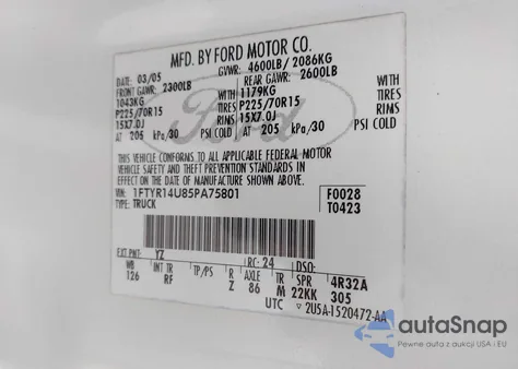 2005 Ford Ranger Edge/Stx/Xl/Xlt z USA, uszkodzony, nr VIN 1FTYR14U85PA75801